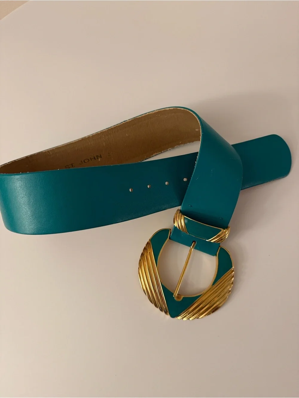 St. John blue green 2” wide Leather Belt Enamel VINTAGE Gold 9576 sz 2 80s power - Picture 1 of 8